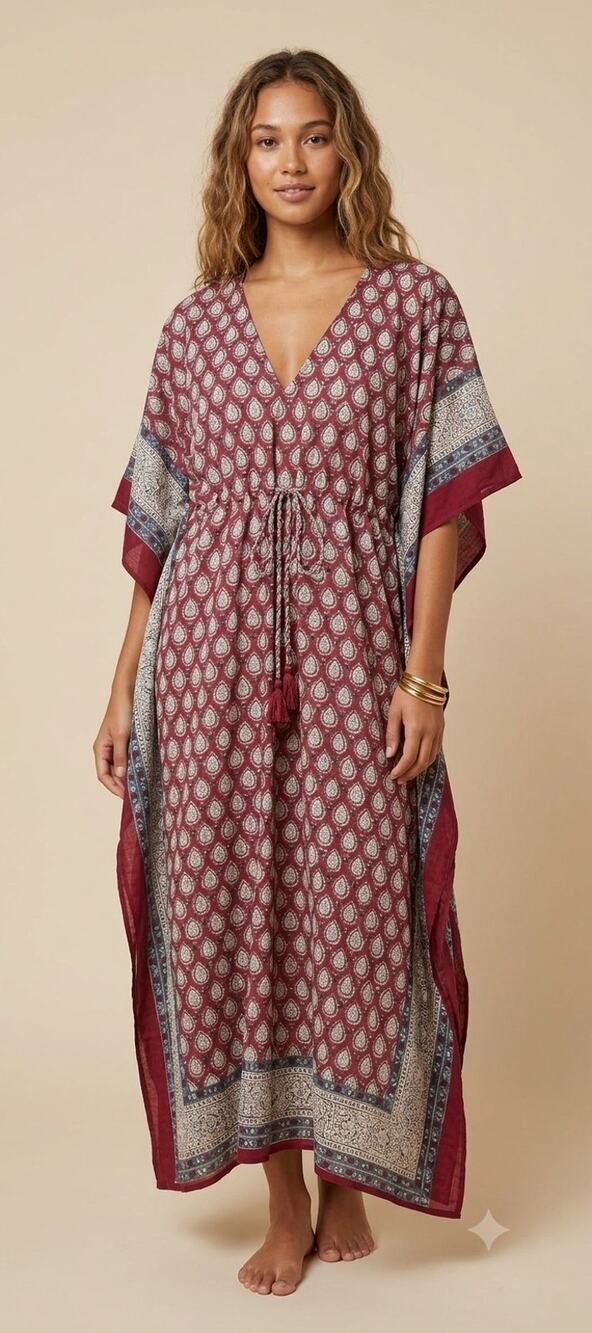 Pax Philomena Burgundy Blue Floral Cotton Kaftan Maxi Dress One Size